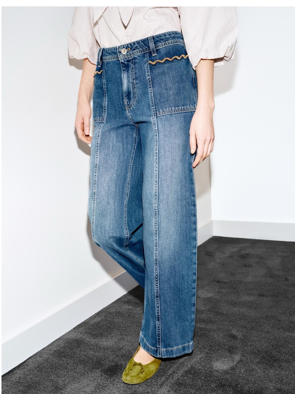 Zara Z1975 Culotte High Waist Top-Stitched Denim Jeans Blue NWT